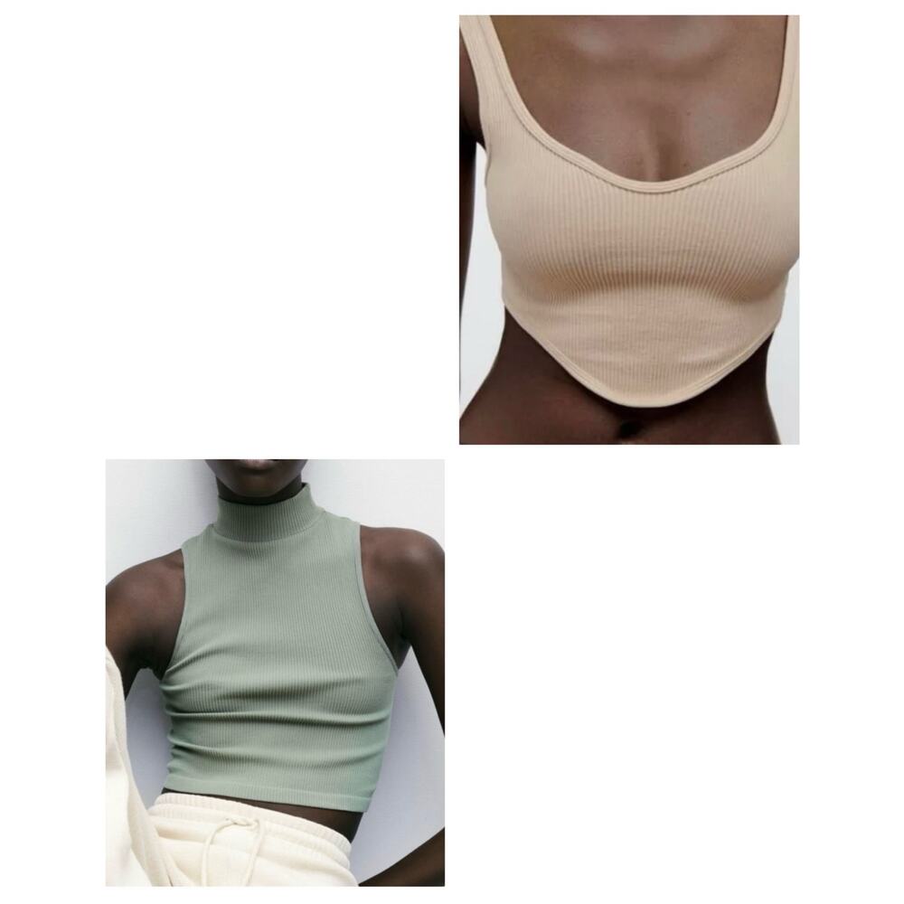 Zara Ribbed Crop Tank Top Bundle Cream Sage Green XS 2 Piece